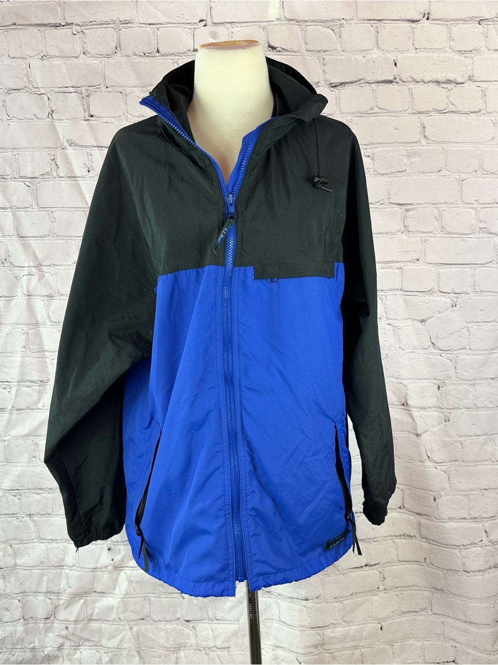 Vtg L.L. Bean Black Blue Colorblock Windbreaker jacket women L/XL* gorpcore